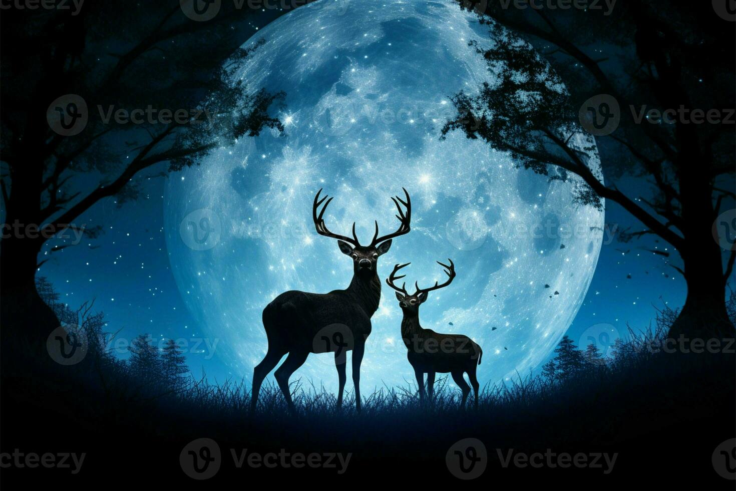 Majestic deer silhouette stands before a large moonlit night sky AI Generated photo