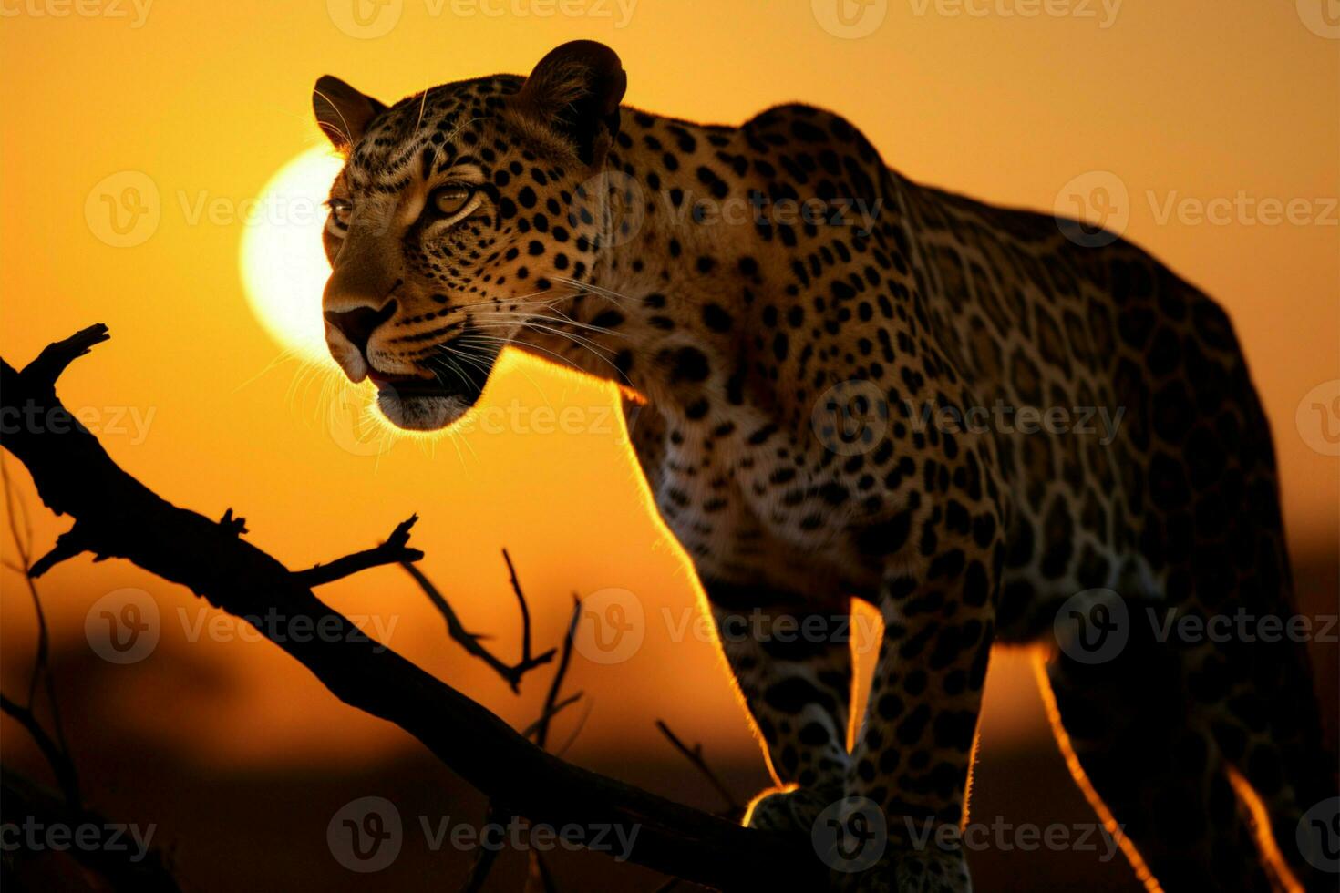 Majestic leopard in the golden glow of a stunning sunrise AI Generated photo