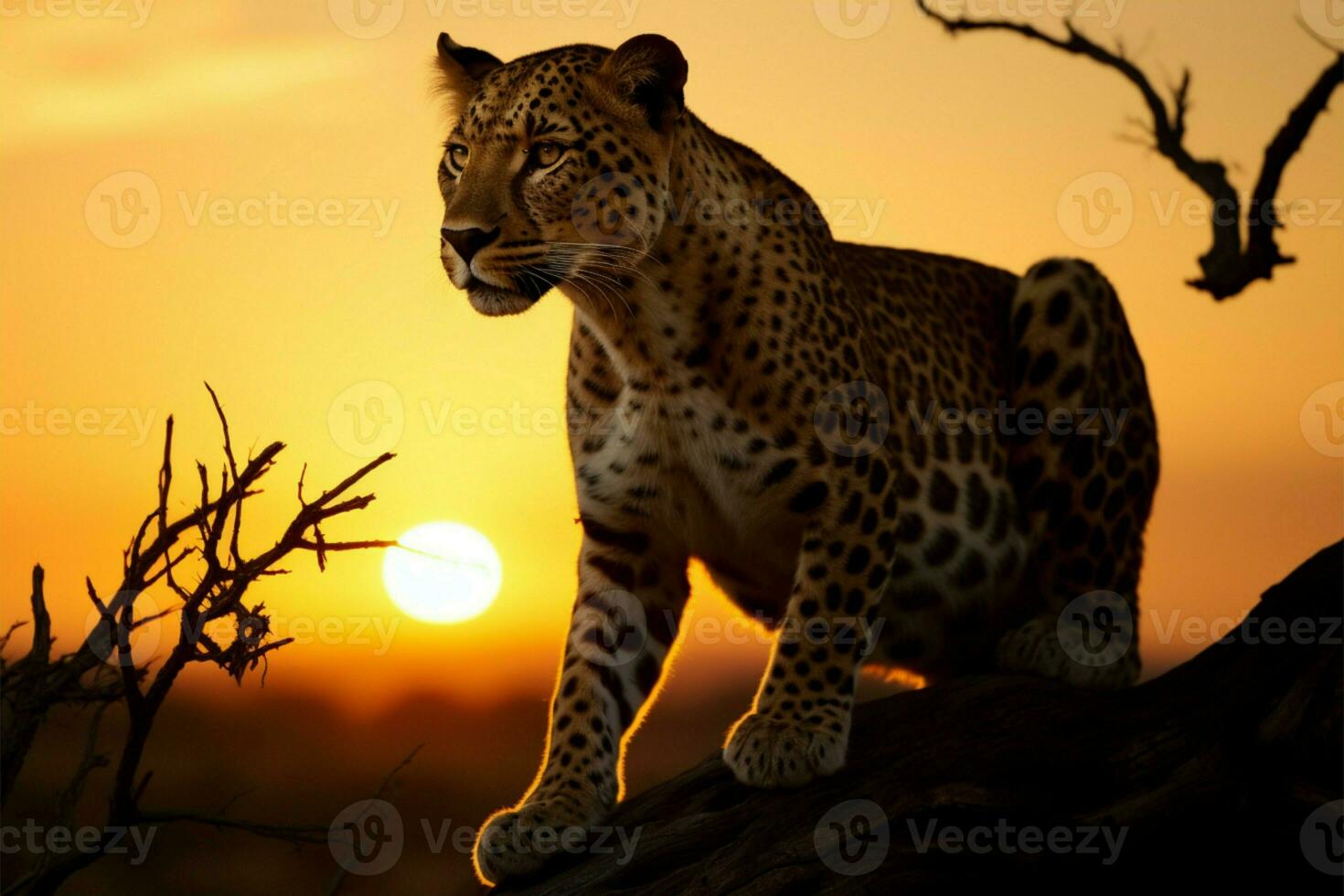 Majestic leopard in the golden glow of a stunning sunrise AI Generated photo