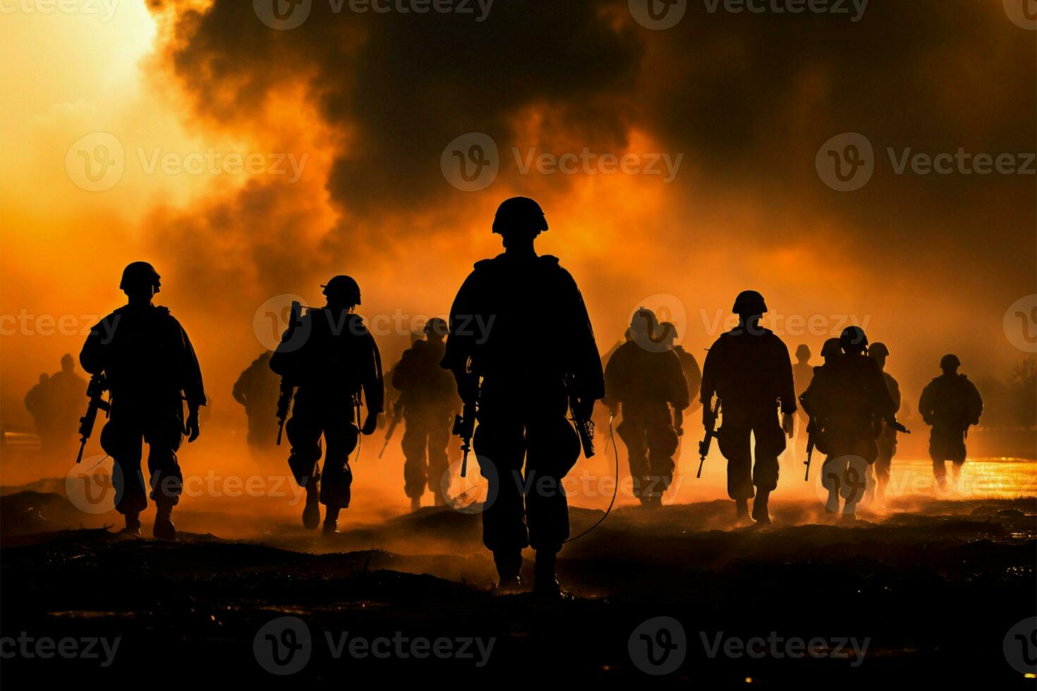 Marines in action, silhouetted by a fiery sunset, advance through smoke AI Generated photo