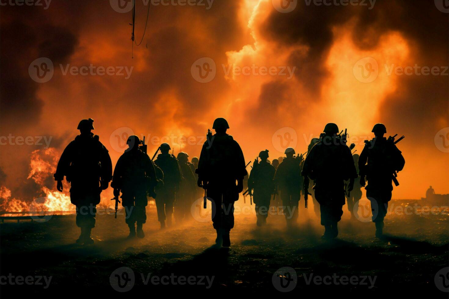 infantería de marina en el grueso de batalla, silueta por un ardiente puesta de sol ai generado foto