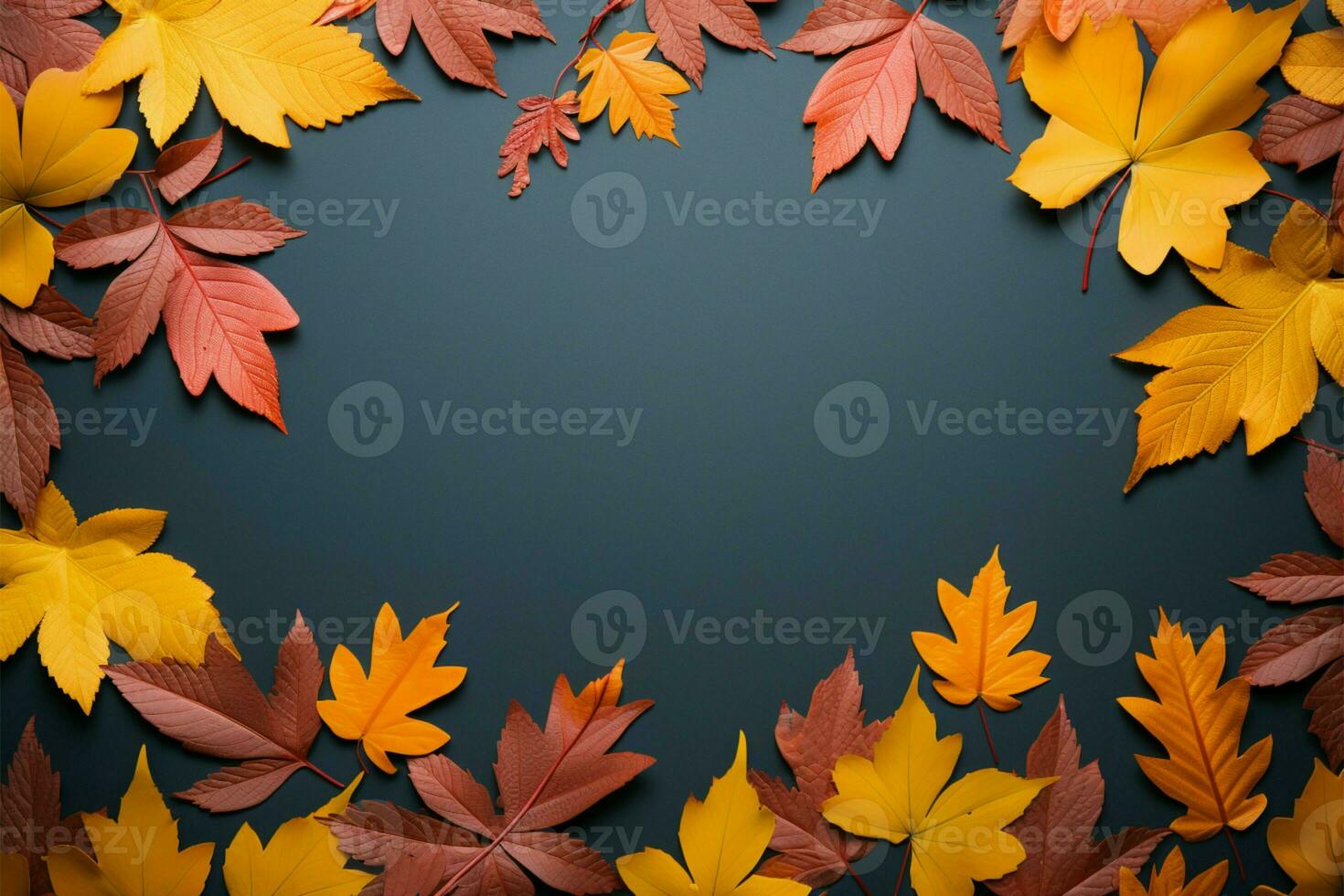 Minimalistic autumn design Maple leaves, cones on dark gray backdrop AI Generated photo