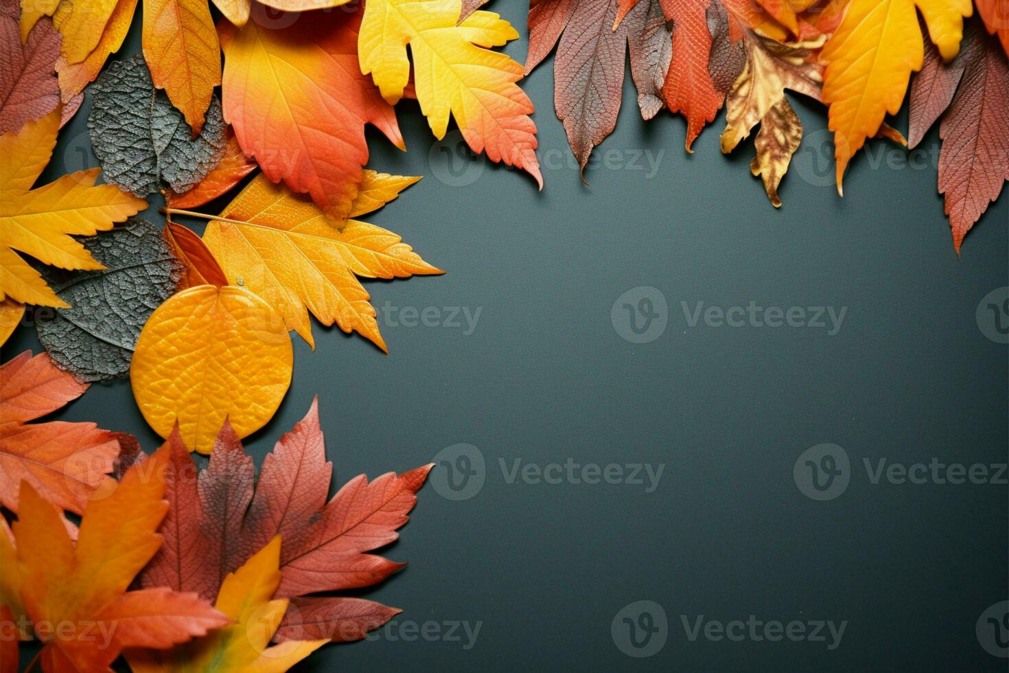 Minimalistic autumn design Maple leaves, cones on dark gray backdrop AI Generated photo