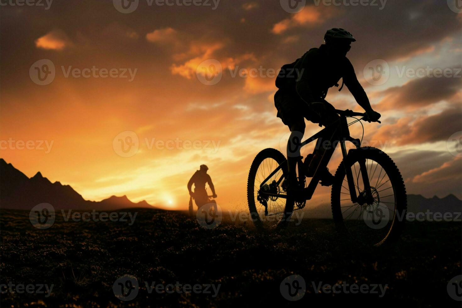 Mountain bike adventure Silhouetted cyclists, travel, and evening fitness journey AI Generated photo