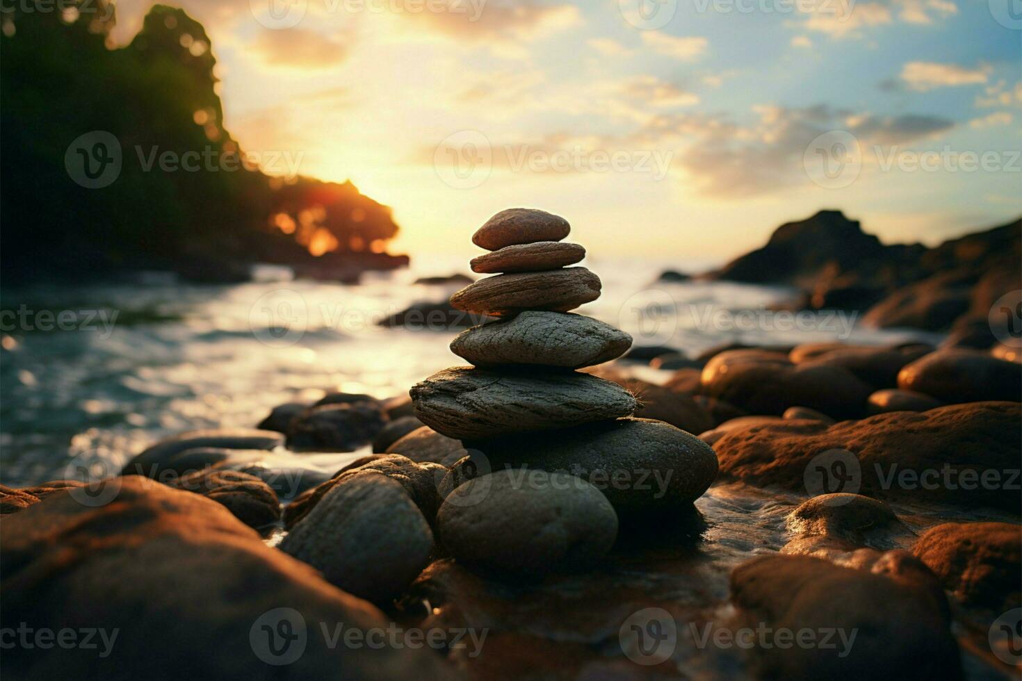 naturalezas belleza a oscuridad rocoso orilla, dramático atardecer, pacífico olas ai generado foto