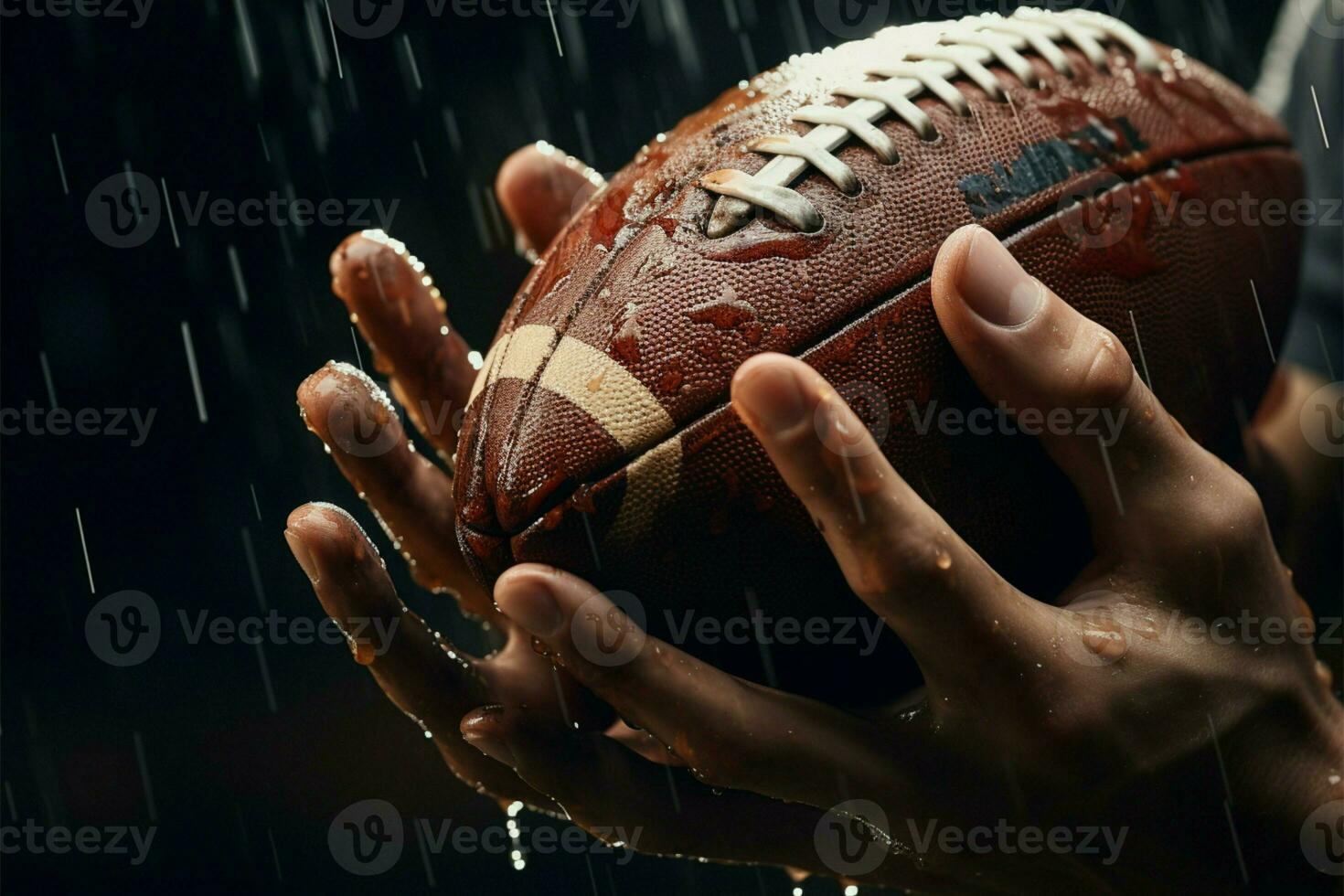 Precise catch American football players wet hands clutching the ball AI Generated photo