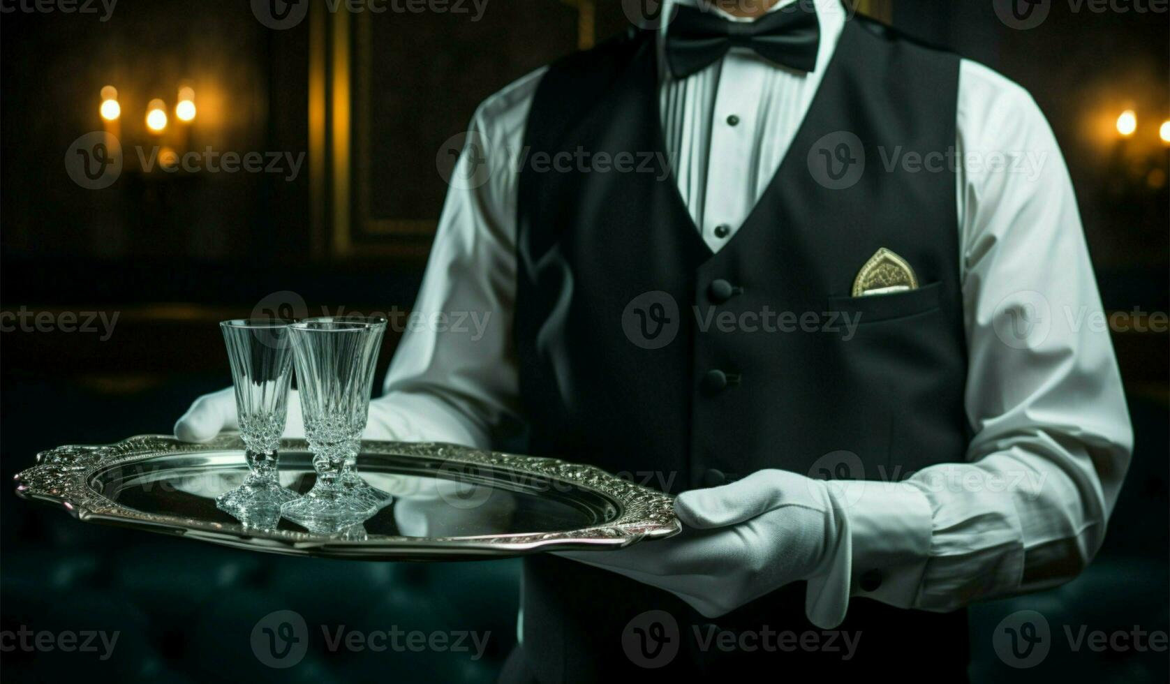 Refined service professional Butler holds silver tray, black vest, gloves AI Generated photo