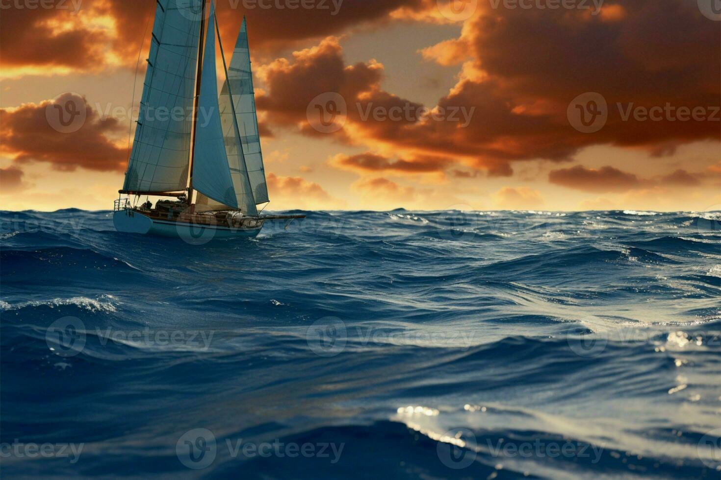 Sailboat silhouetted by the captivating hues of a beautiful sunset AI Generated photo