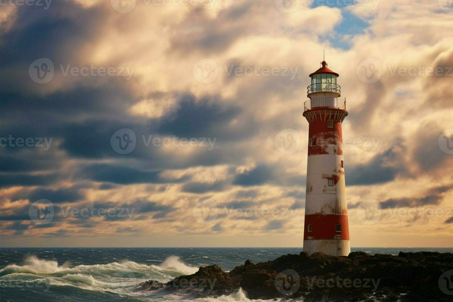 Seaside beacon Majestic lighthouse overlooks the vast and tranquil sea AI Generated photo