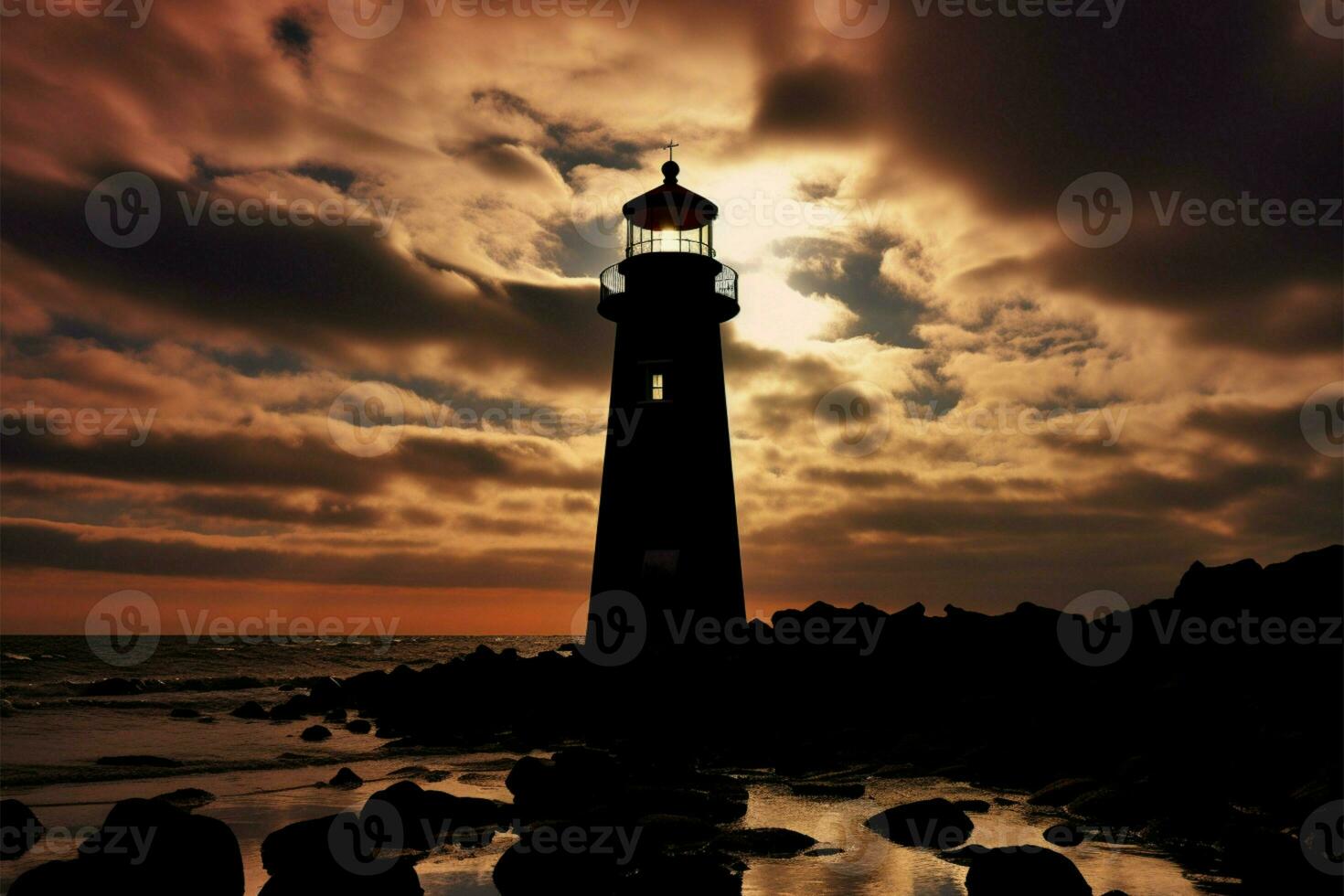 Seaside sentry Lighthouses silhouette casts an enchanting seaside spell AI Generated photo