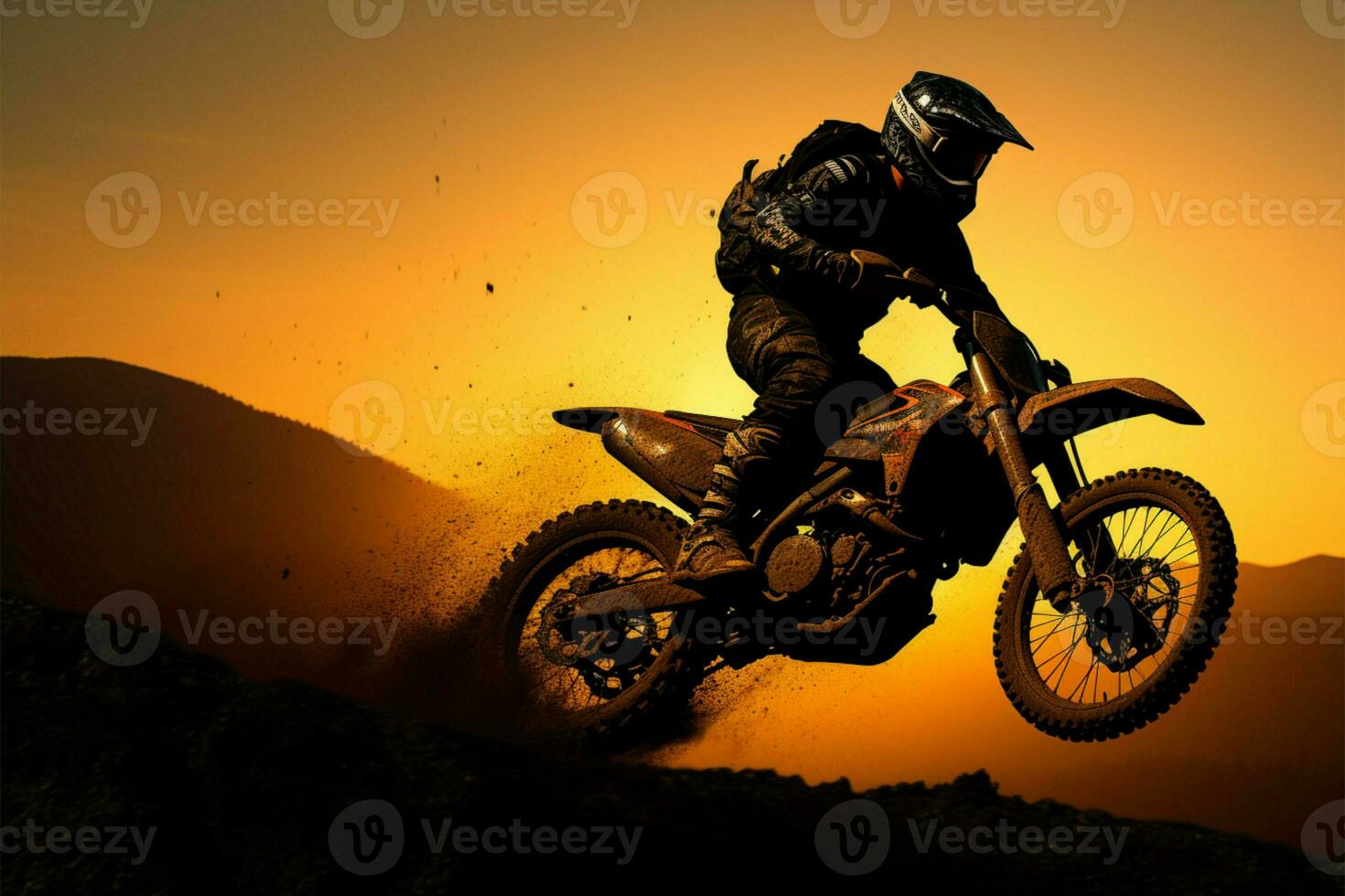 silueta motocross bicicleta desafía gravedad, encarnando aventuras y atrevido acción ai generado foto