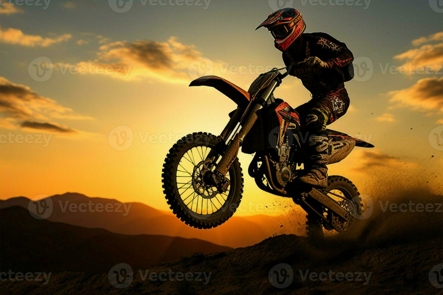 Silhouetted motocross bike defies gravity, embodying adventure and daring action AI Generated photo