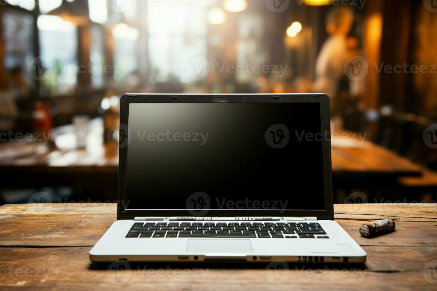 An open laptop rests on a wooden desk within a classroom AI Generated photo
