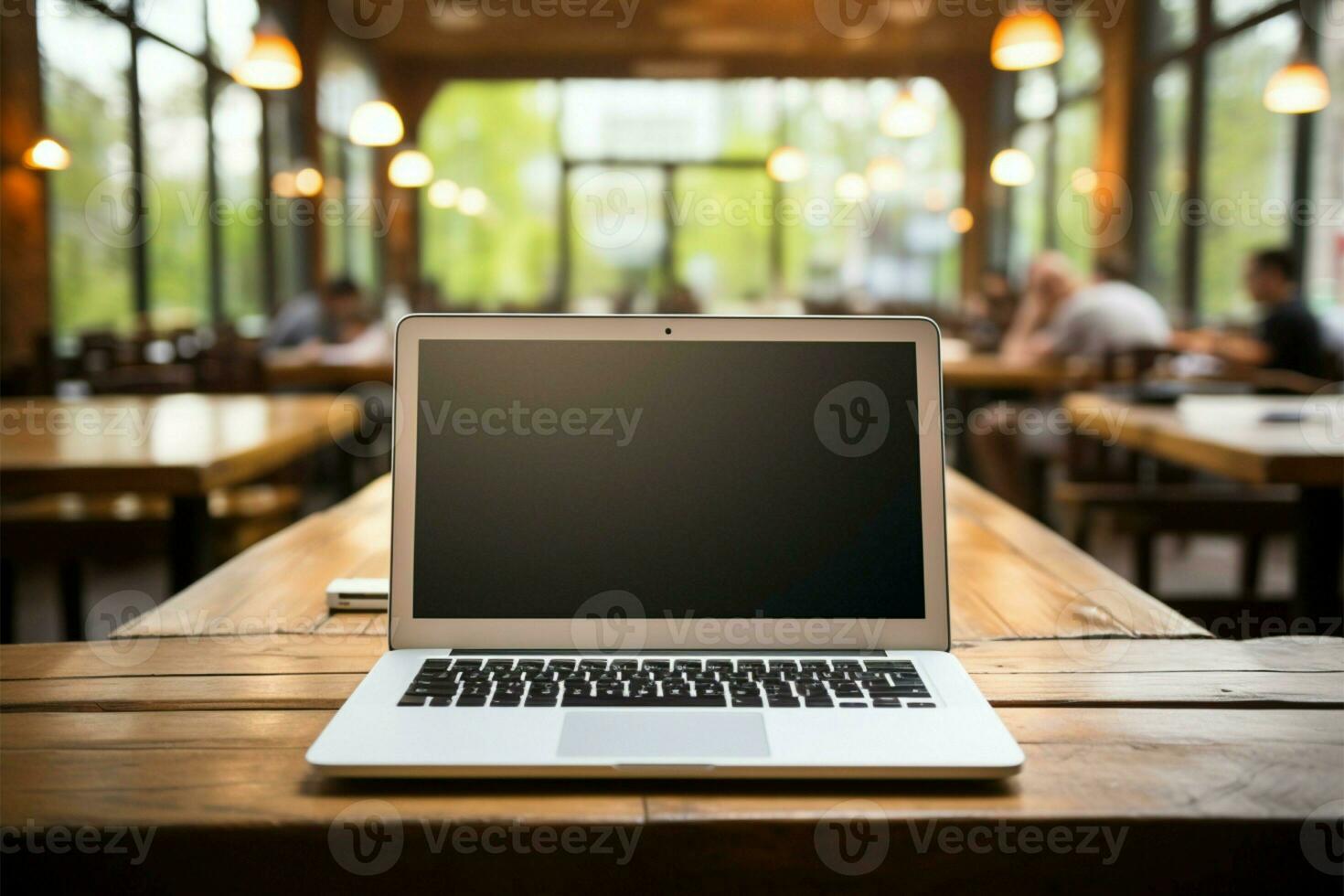 An open laptop rests on a wooden desk within a classroom AI Generated photo