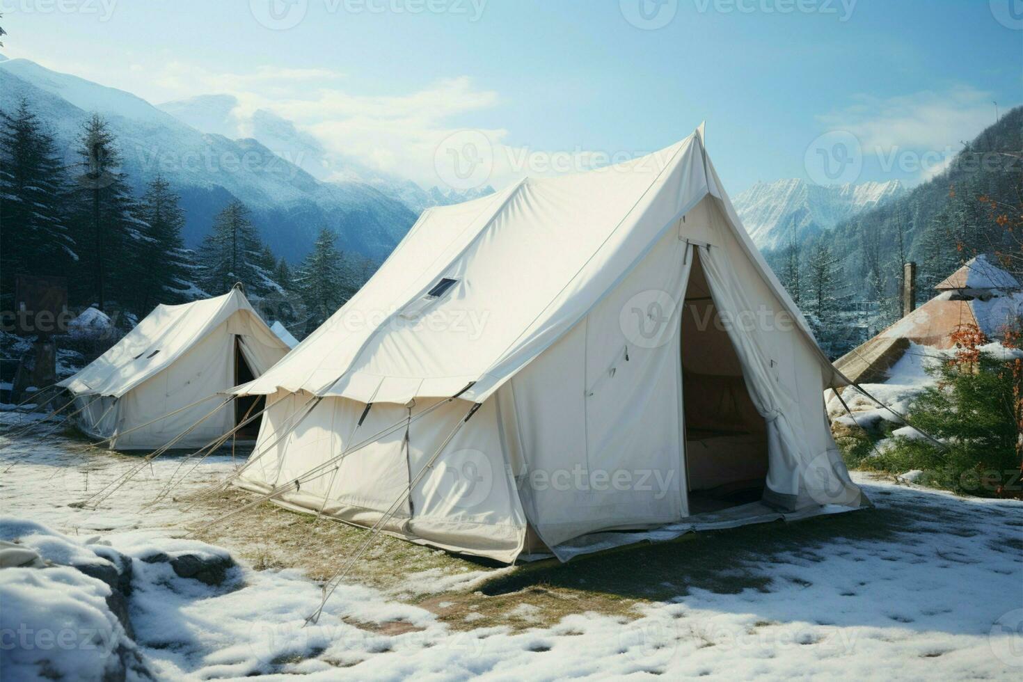 Snowy campsite White tents set in a mountain resort for winter AI Generated photo