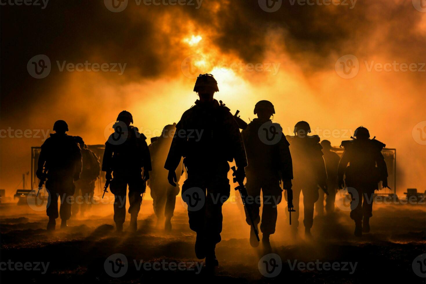 soldados en medio de fumar y fuego, silueta en contra un dramático puesta de sol ai generado foto