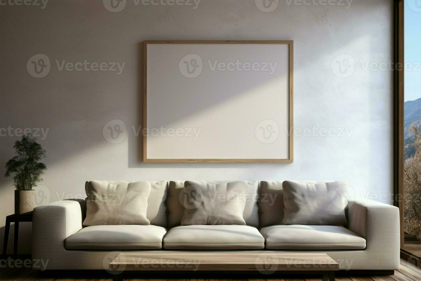 Sofa in the living room showcases a minimalist frame mockup poster AI Generated photo