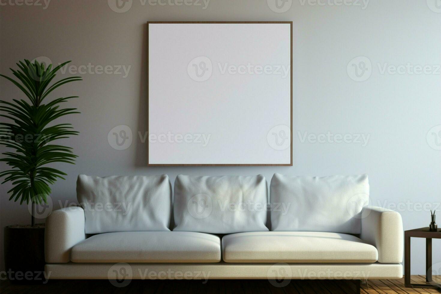 Sofa in the living room showcases a minimalist frame mockup poster AI Generated photo