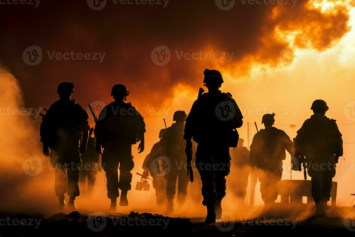 Soldiers amidst smoke and fire, silhouetted against a dramatic sunset AI Generated photo