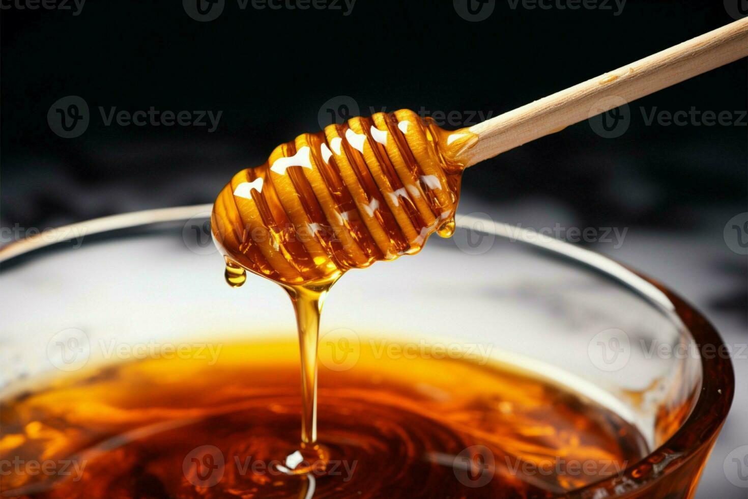 Spoonful of honey, amber nectar slowly flowing, tempting indulgence AI Generated photo