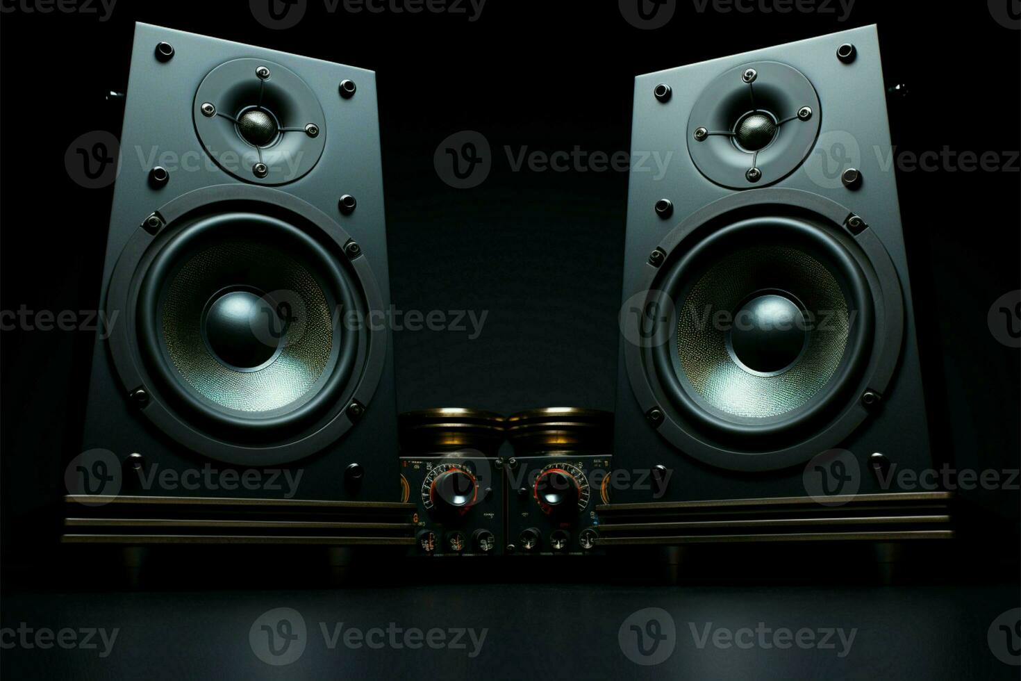 Stereo setup Twin speakers, black backdrop, a space between them AI Generated photo