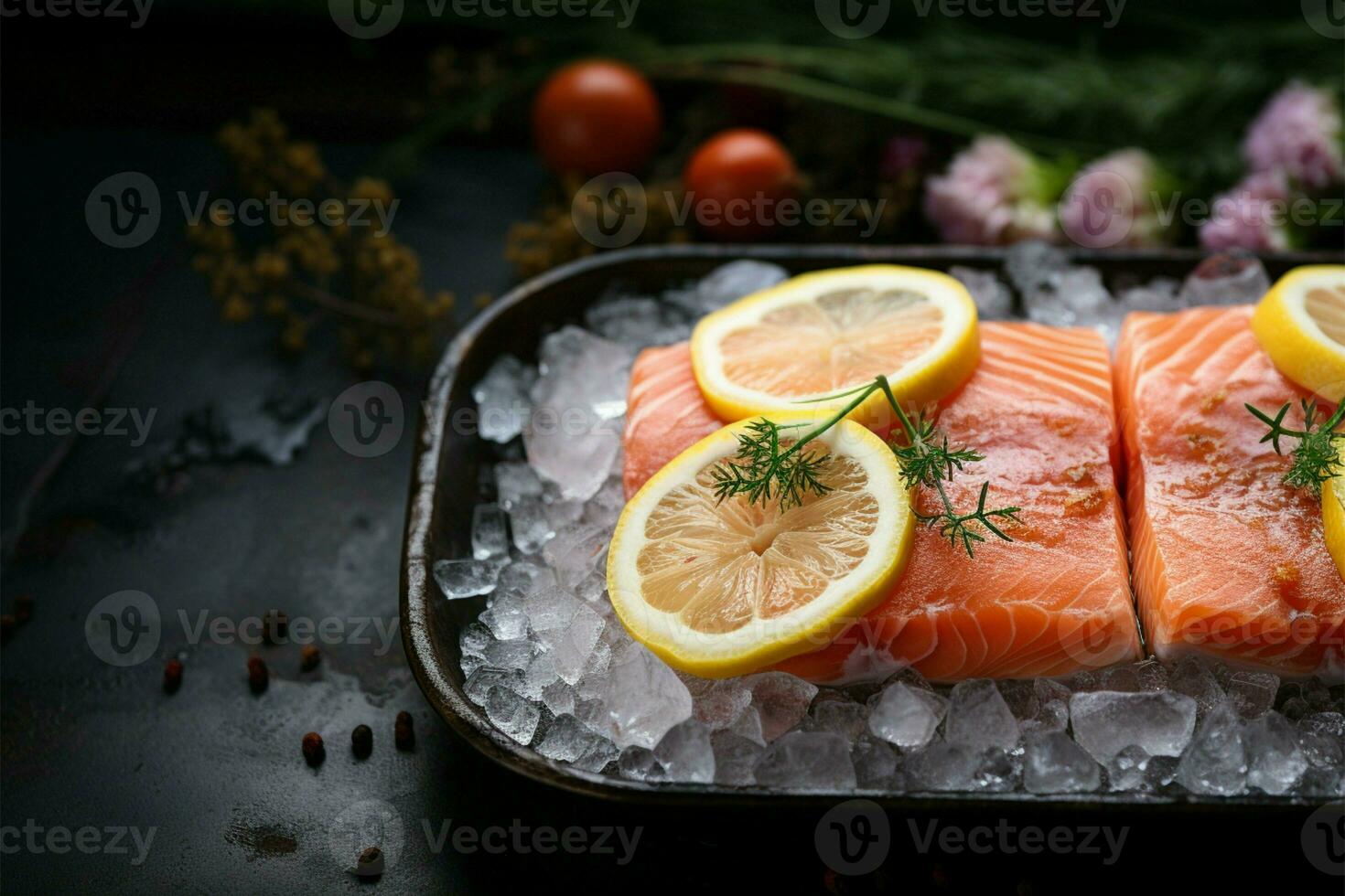 suculento salmón filetes en hielo, adornado con limón y Rosa ai generado foto