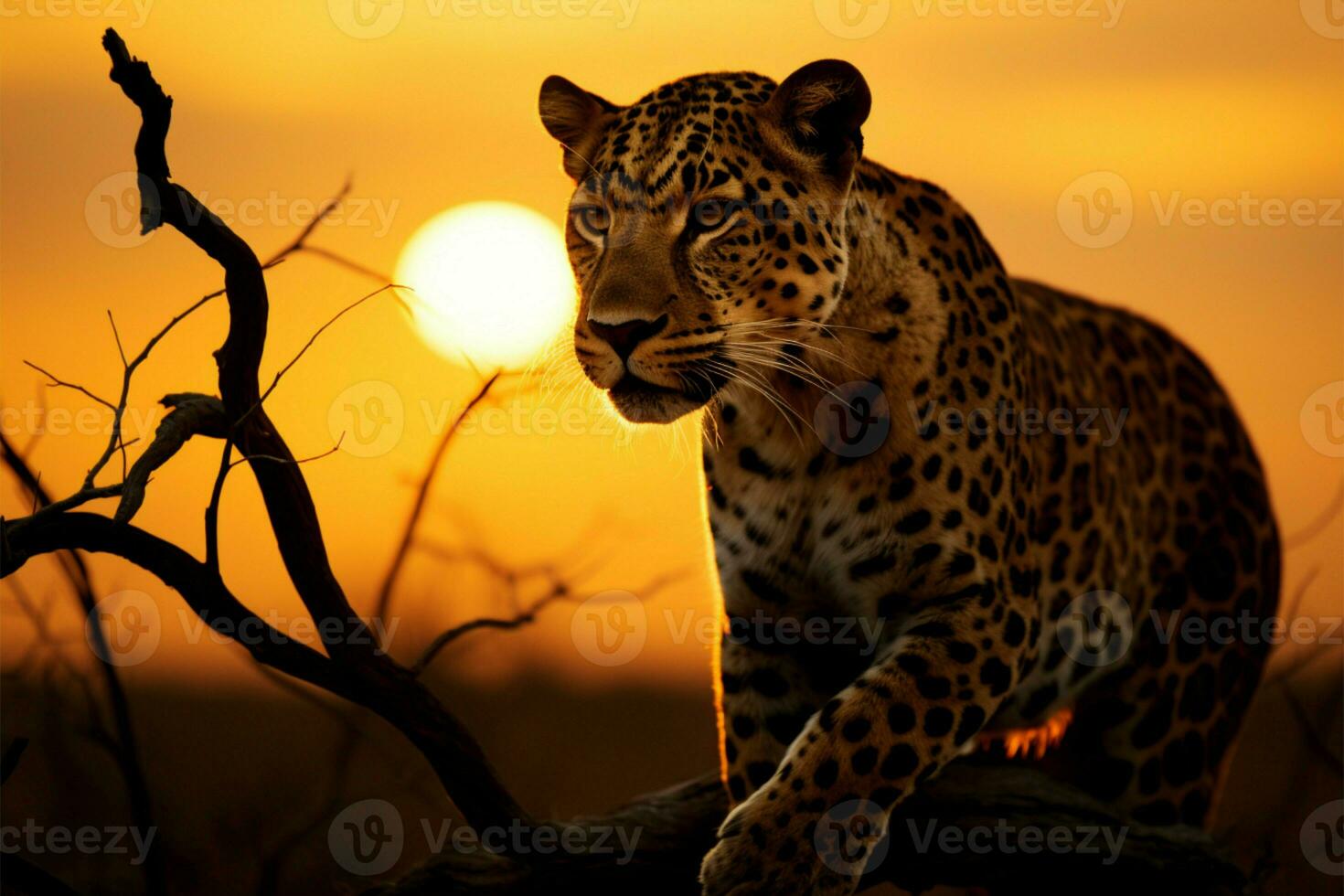 Sunrise illuminates the regal presence of a prowling leopard AI Generated photo