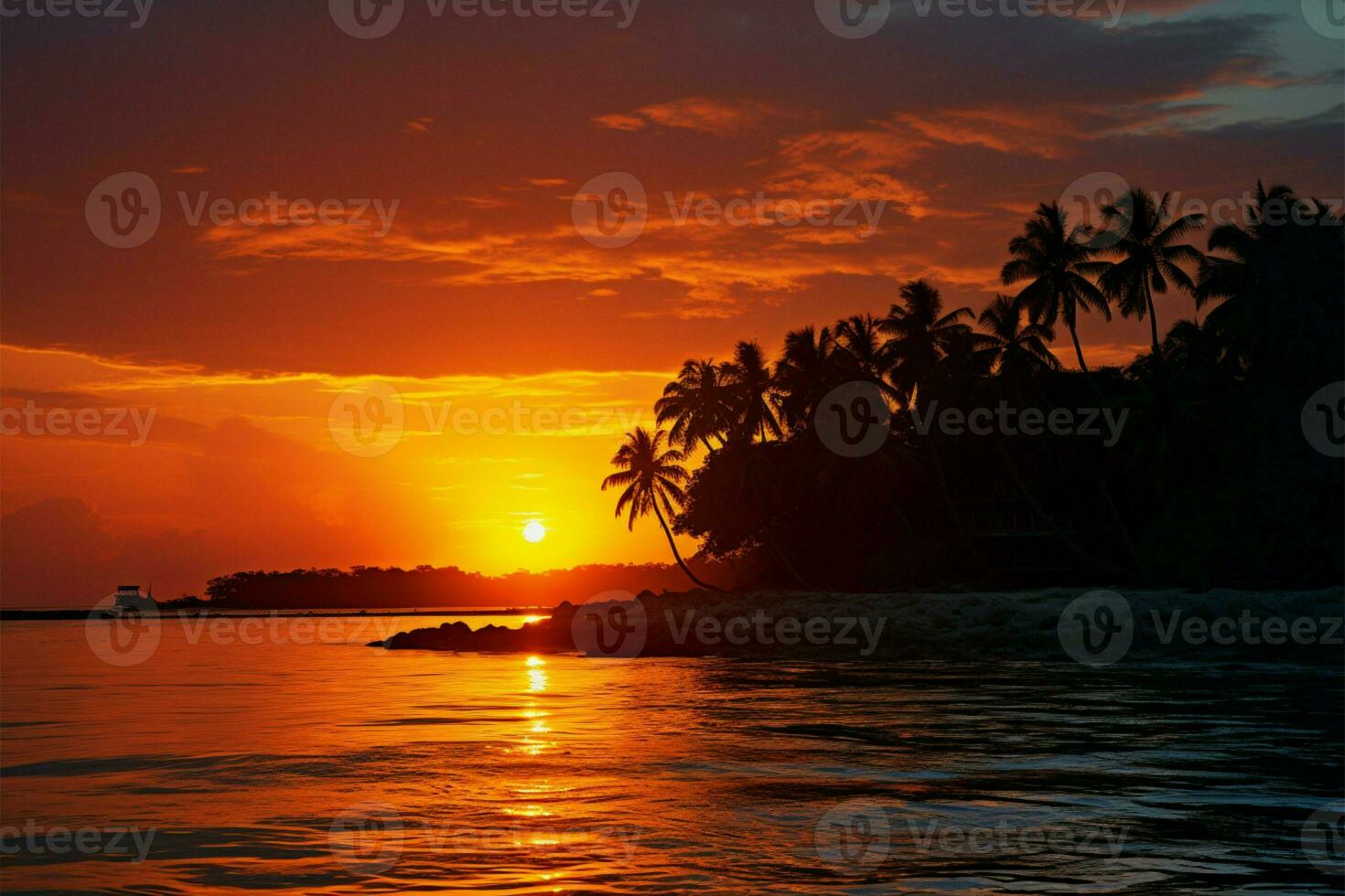 Sunset over Kuramathi Maldives island as seen from Rasdhoo, paradise AI Generated photo