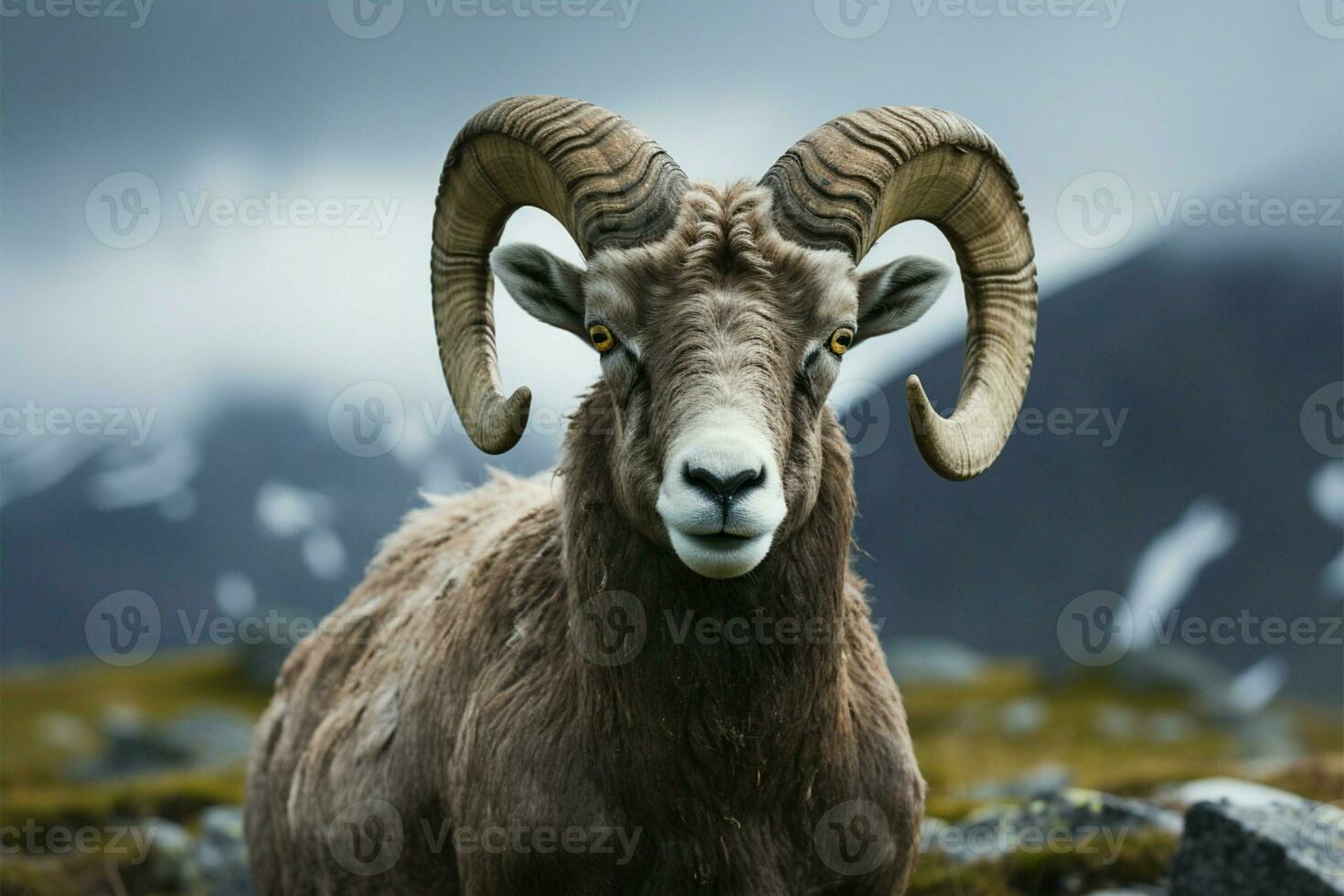 The captivating portrait of a bighorn sheep making direct eye contact AI Generated photo