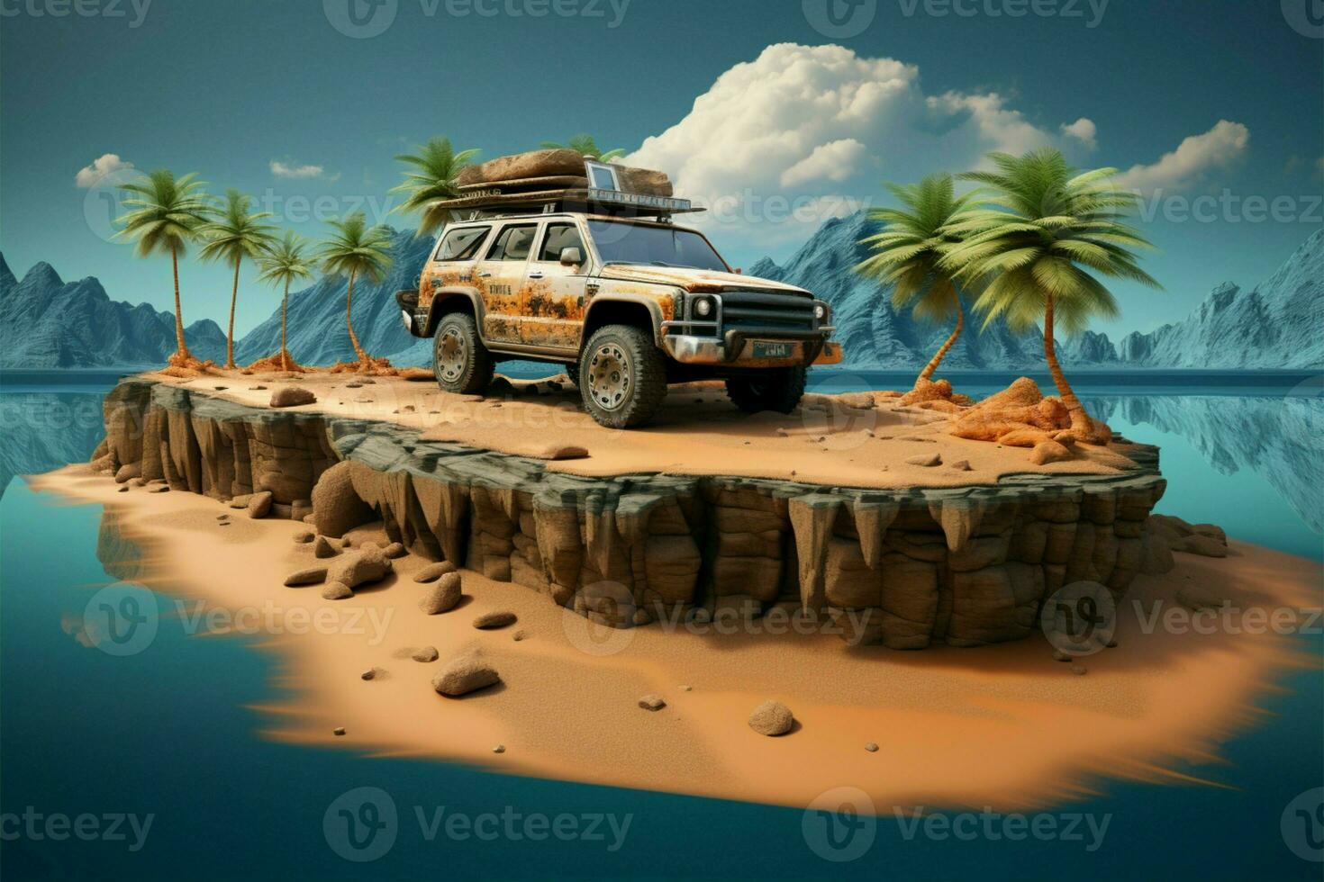 Unique 3D desert art with off road tourism and exotic palm trees AI Generated photo