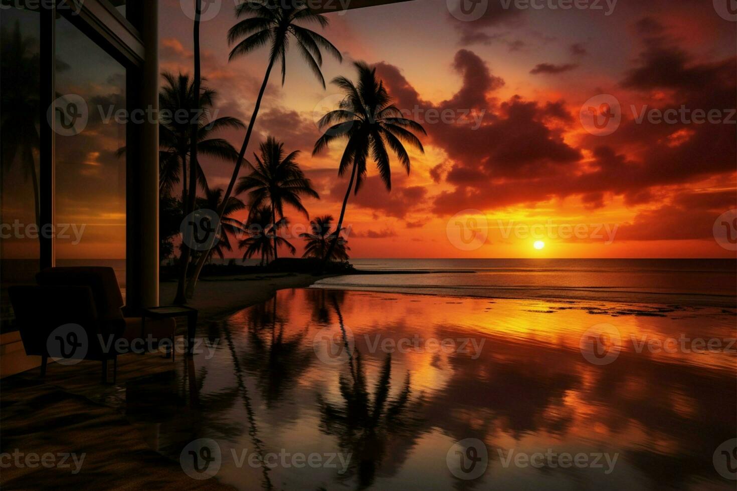 Tropical beach sunset art with coconut palm and mesmerizing sea reflection AI Generated photo