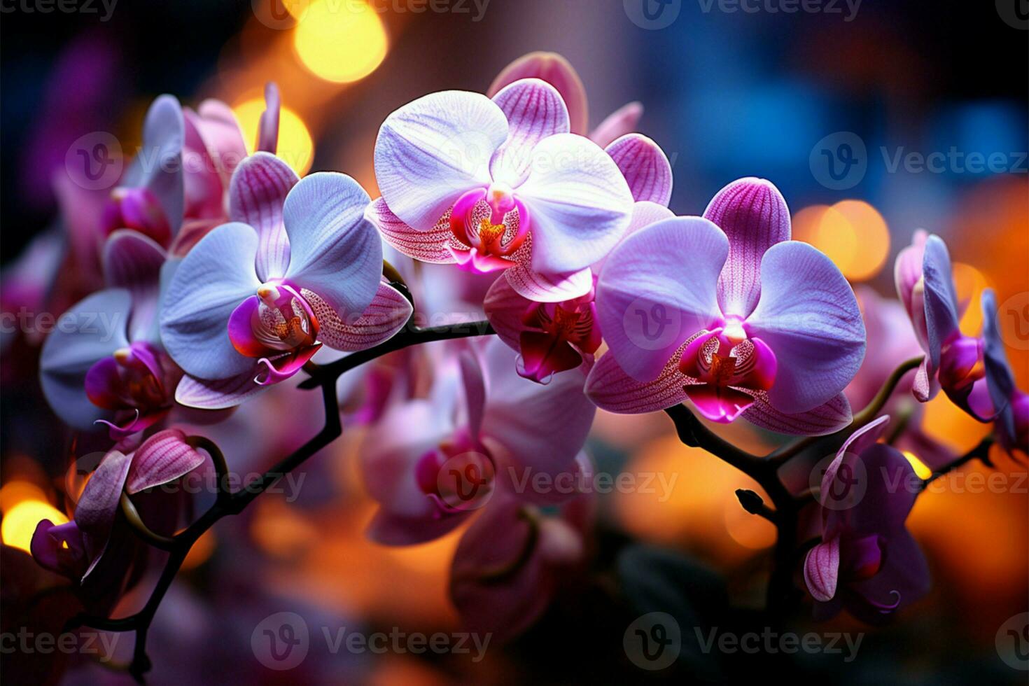 Vibrant neon orchids compose an electrifying and colorful backdrop