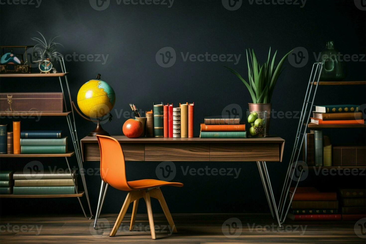Vintage writing desk, bookshelf, and decor against a black backdrop AI Generated photo