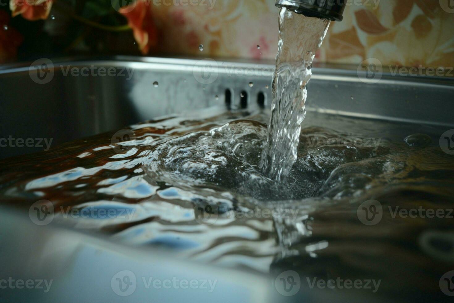 Water and food particles collect in the stainless steel sink drain AI Generated 31588963 Stock