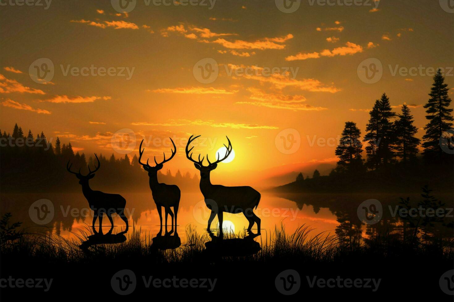 Wildlifes serenity Deer silhouettes in a stunning, light drenched meadow AI Generated photo