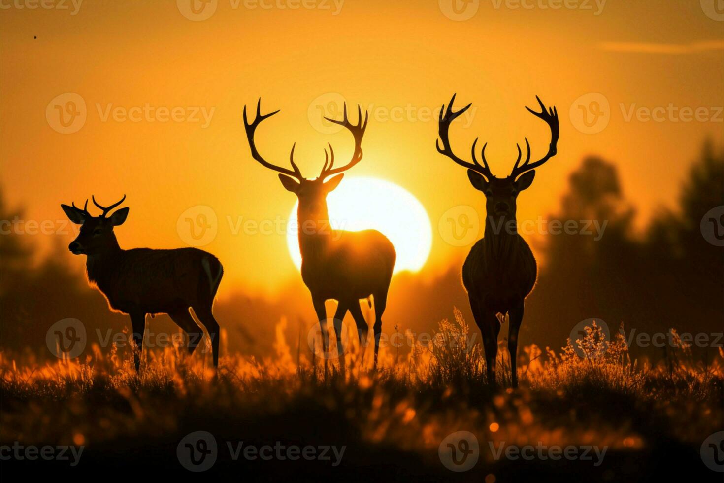 Wildlifes serenity Deer silhouettes in a stunning, light drenched meadow AI Generated photo