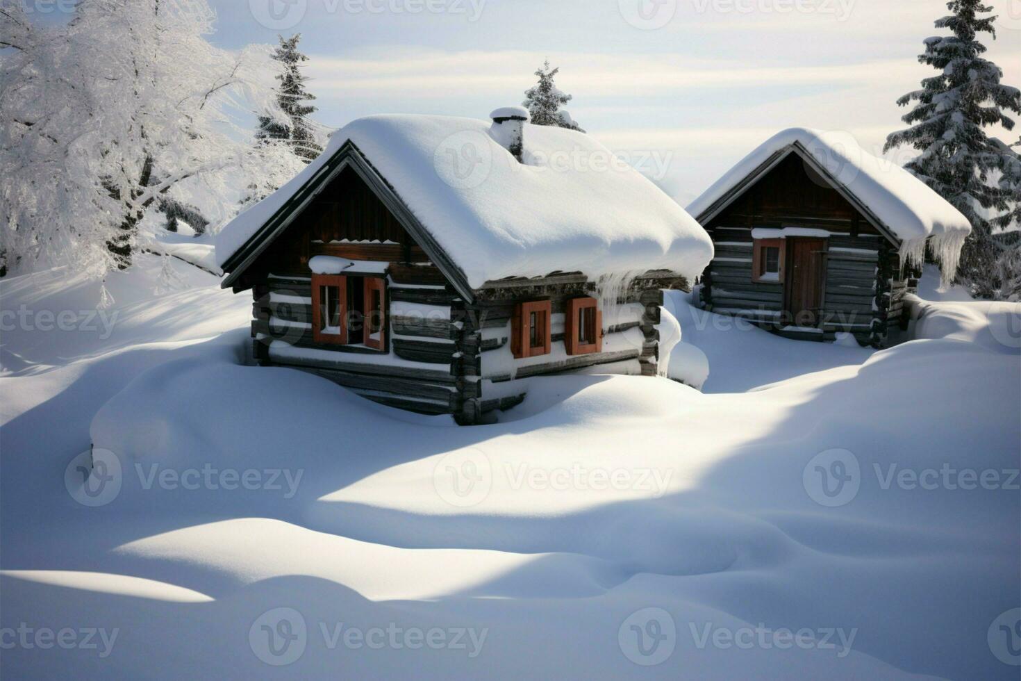 Winter cabin A rustic hut stands against a pristine snowscape AI Generated photo