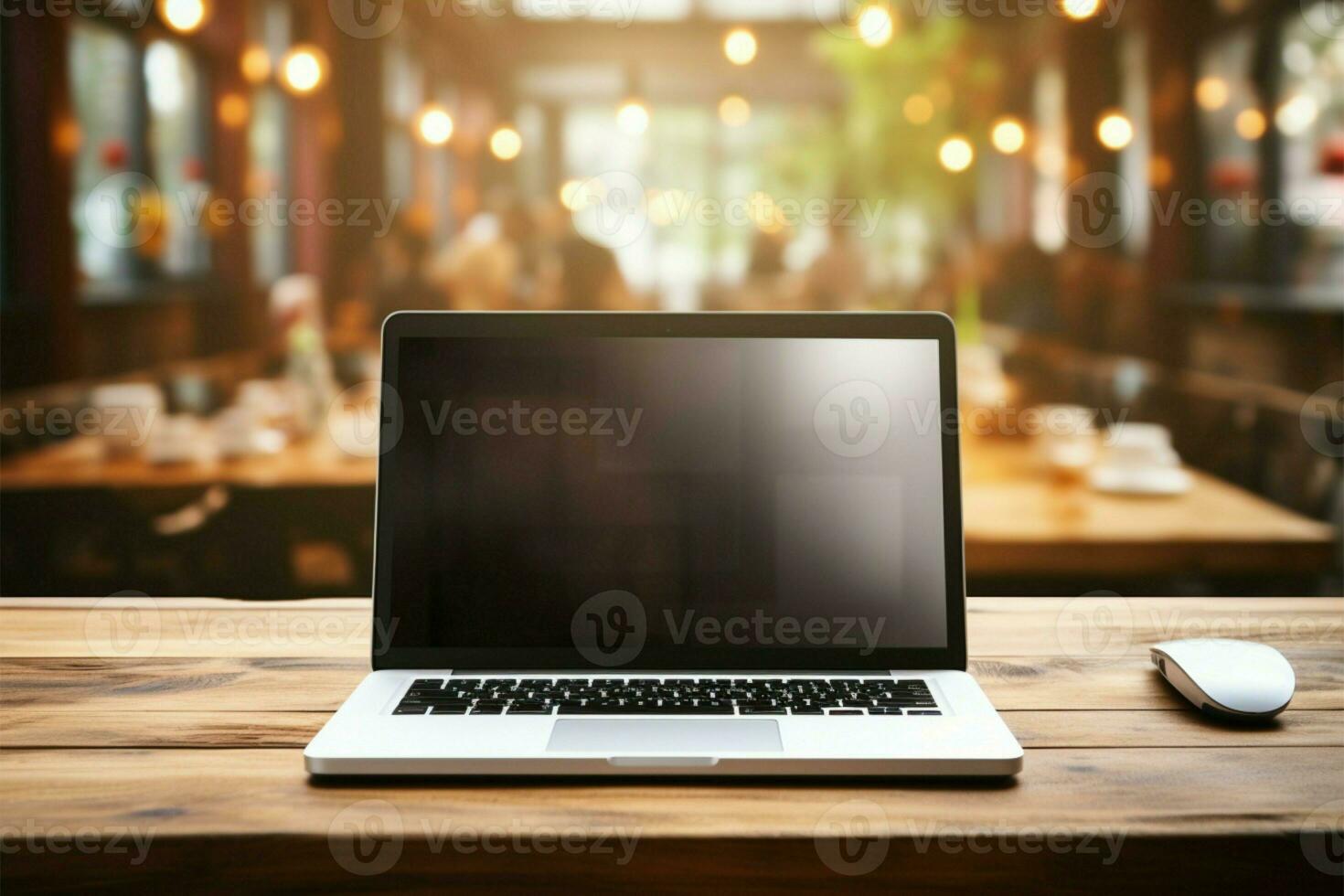Wooden desk in classroom with an open laptop AI Generated photo