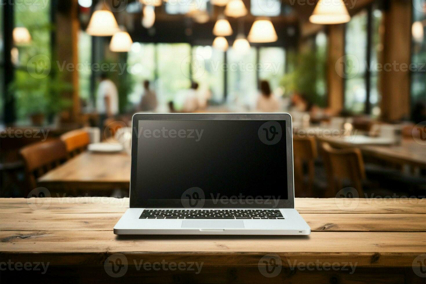 Wooden desk in classroom with an open laptop AI Generated photo