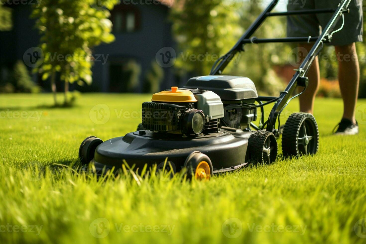 Yardwork in action Mowing the grass for a neat lawn AI Generated photo