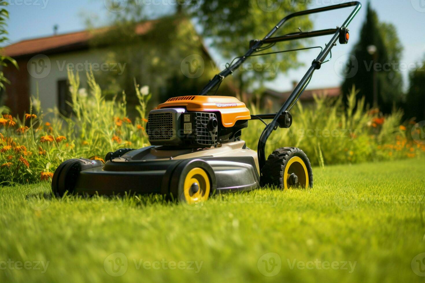 Yardwork in action Mowing the grass for a neat lawn AI Generated