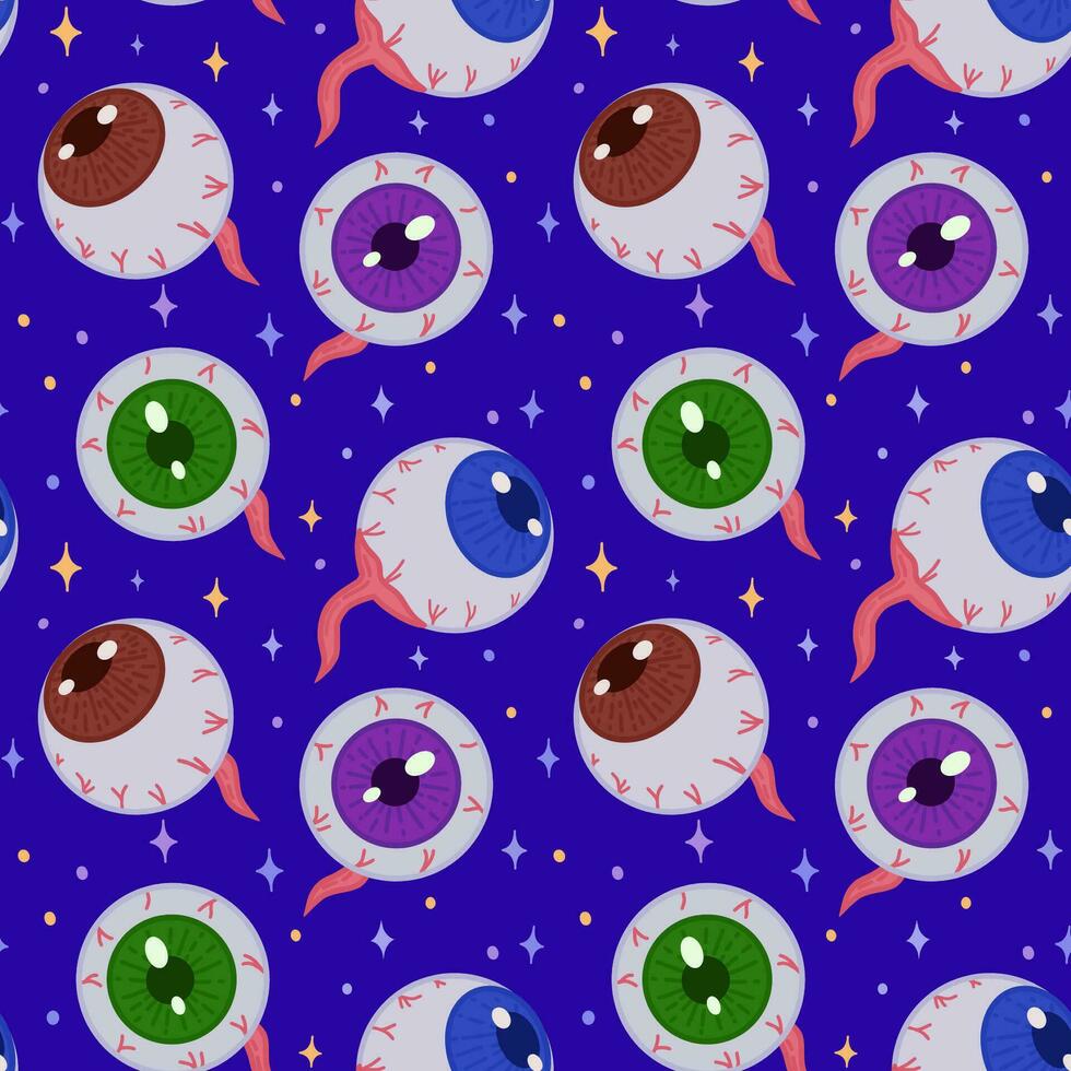 Seamless vector pattern with eyes on a blue background. Scary eyes for Halloween party decoration. A banner, poster or postcard for an October party. Halloween pattern background.