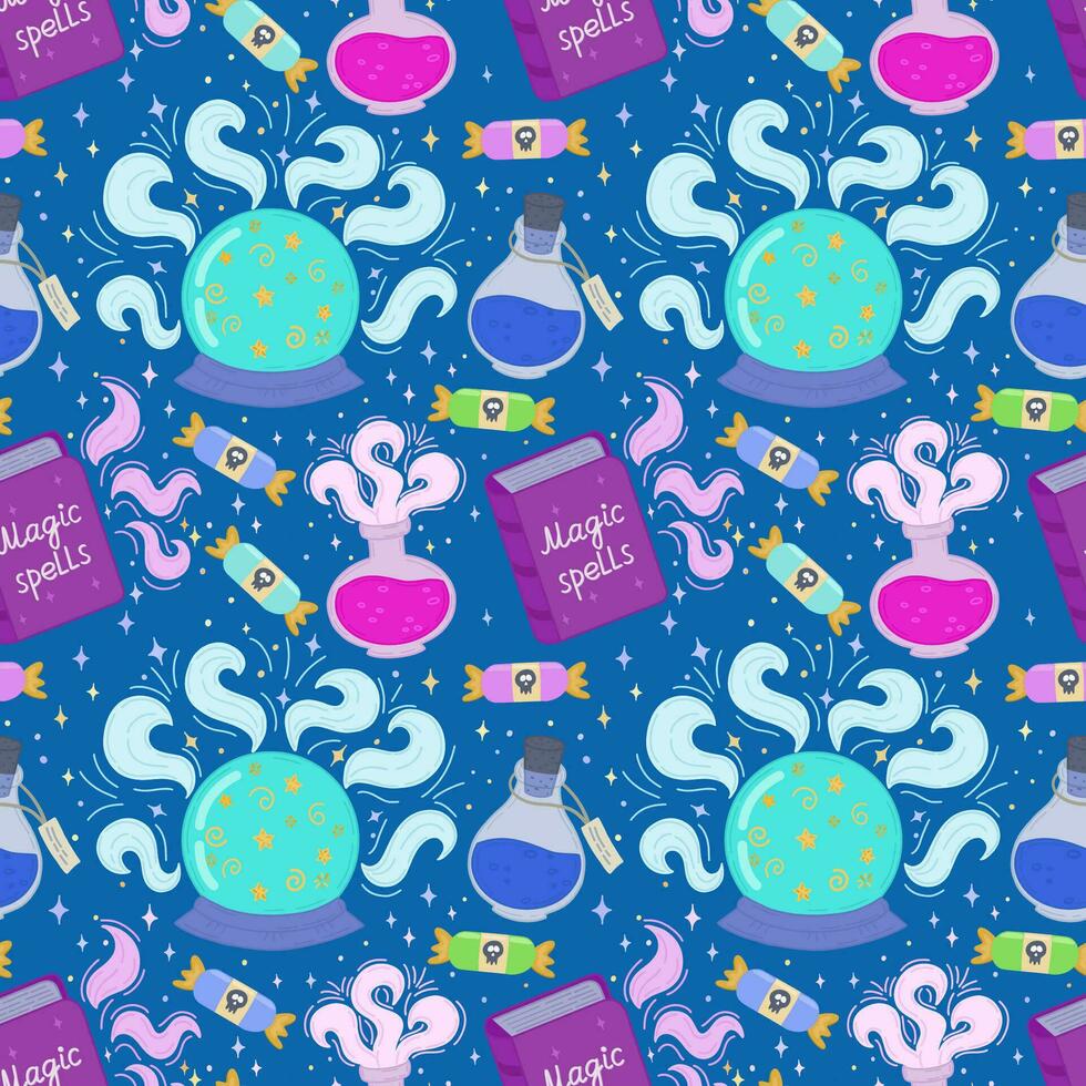 Vector seamless pattern for Halloween.Badges with a magic ball, a book about magic, potions, Halloween candy.Design elements, posters, book cover backgrounds, wallpapers, design,graphics, invitations.