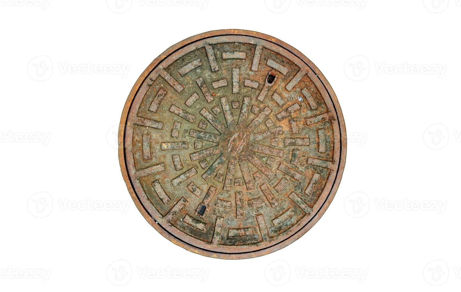 Rusted manhole cover, grunge style manhole cover, rounded edge, isolated on white background. photo