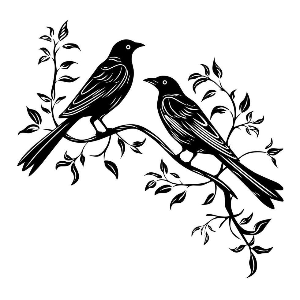 black illustration design of two birds on a tree branch on a white background vector