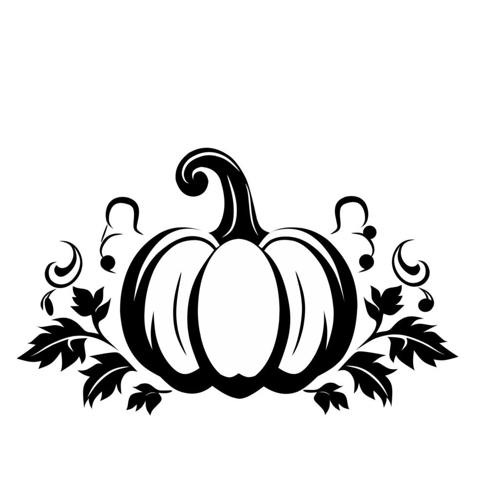 black and white illustration design of pumpkin with leaves on a white background vector