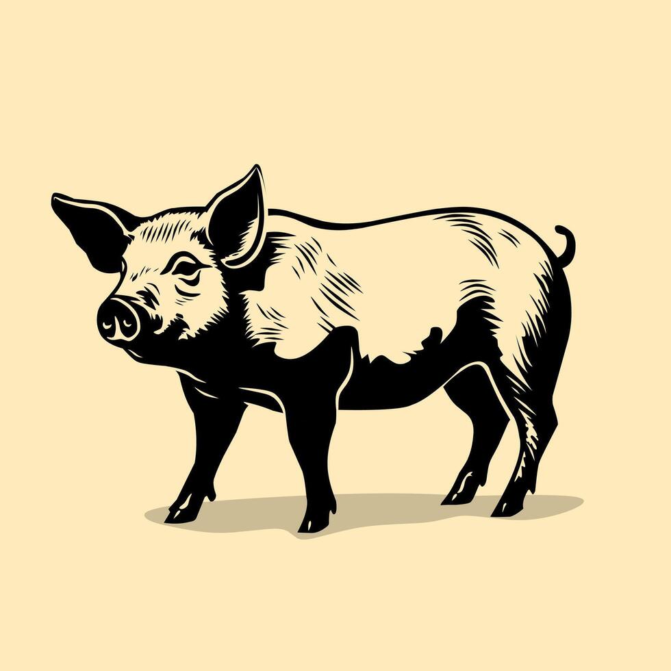 black and yellow pig illustration design on a yellow background vector
