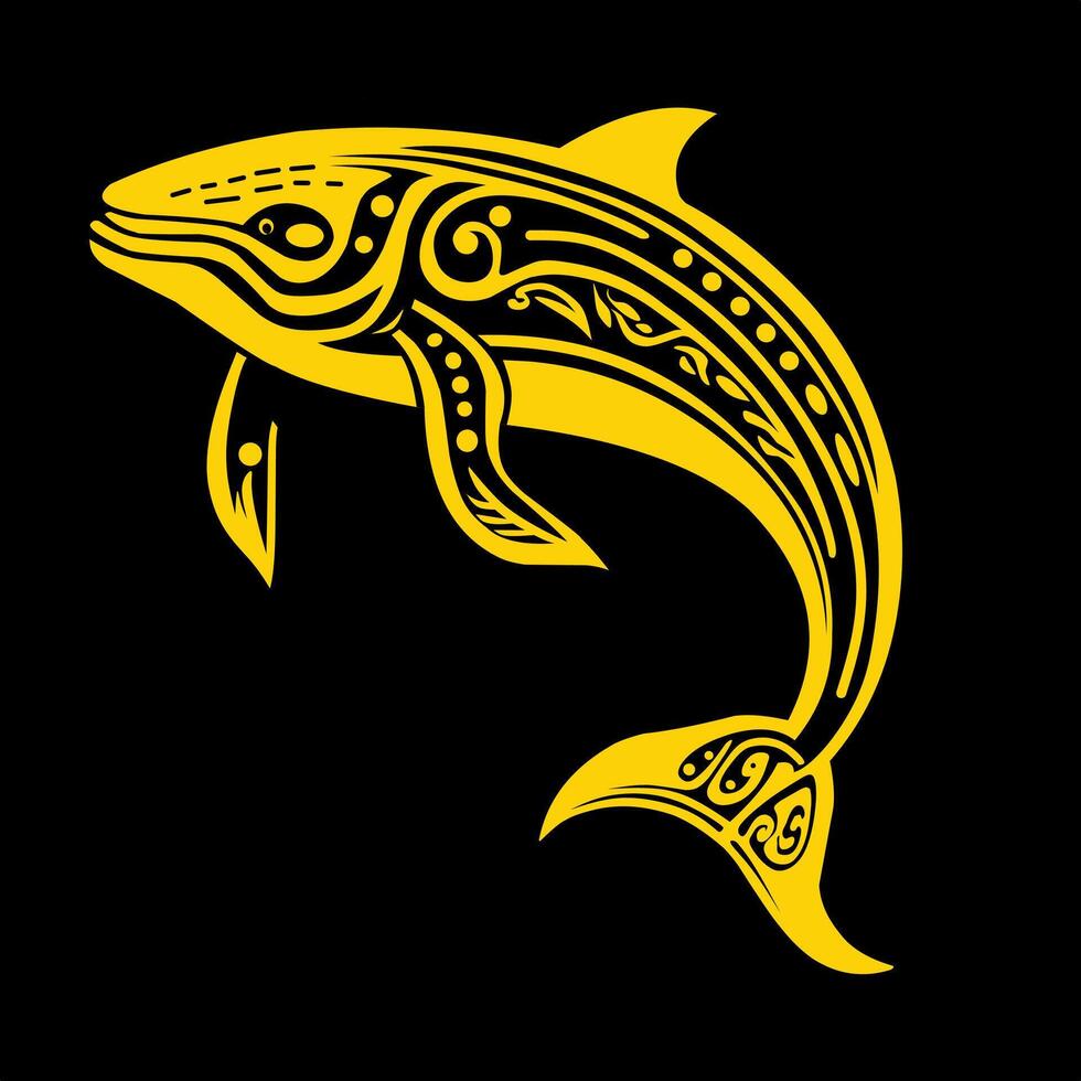 yellow whale line art illustration design on a black background vector