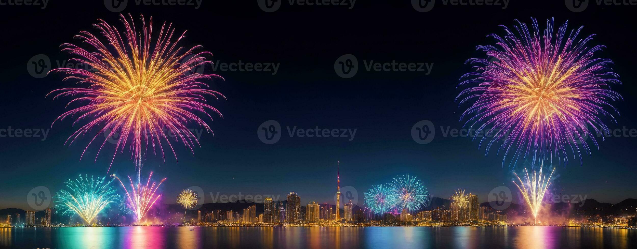 Celebrate in Style, Panoramic Fireworks Stock Pic, AI Generated photo