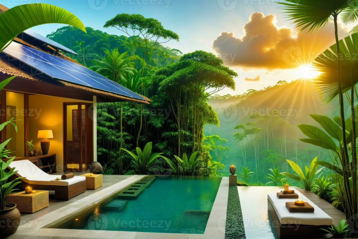 Solar Powered Eco Retreat in Nature's Embrace, AI Generated photo